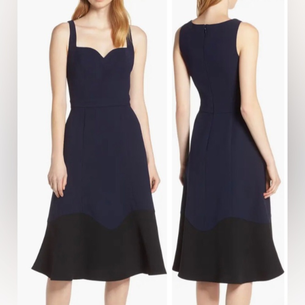 NWOT Harlyn Navy Black Color Block Flounce Hem Cocktail Dress Sweetheart Neck
